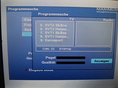 2017_01_27_PCH1_001.JPG
Diesen Morgen ging es schon mal gut los: DTT Nät 1 Skåne, SFn Skåne Län, K33 (Suchlauf)
Schlüsselwörter: TV DX Tropo Überreichweite DVB-T DTT digital UHF Schweden Sverige DTT Nät1 SVT MPEG-2 K33 Suchlauf