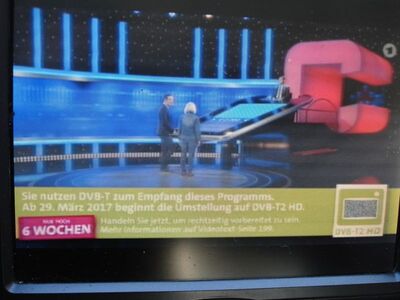 2017_02_15_PCH1_006.JPG
Die Vorboten der Terrestrik-Umstellung: Auf den DVB-T-Kanälen werden regelmäßig Hionweise auf die bevorstehende Umstellung eingeblendet, hier beim "Ersten"
Schlüsselwörter: TV DX Tropo Überreichweite DVB-T DTT digital UHF Das Erste Abschalthinweis Umstellung