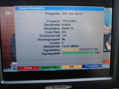 2017_03_31_PCH1_001.JPG
DVB-T nachlaufender Simulcast, SFN Lübeck (Berkenthin, Stockelsdorf), K59.
Schlüsselwörter: TV DX Tropo Überreichweite DVB-T DTT digital UHF MPEG-2 Umstellung nachlaufender Simulcast Abschaltung 25.04.2017 Lübeck K59 Parameter