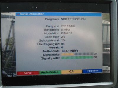 2017_03_31_PCH1_004.JPG
DVB-T nachlaufender Simulcast, Kiel (FMT am Amselsteig), K57
Schlüsselwörter: TV DX Tropo Überreichweite DVB-T DTT digital UHF MPEG-2 Umstellung nachlaufender Simulcast Abschaltung 25.04.2017 Kiel K57 Parameter