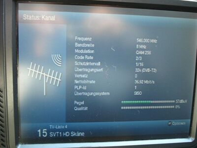 2017_05_30_PCH1_013.JPG
Parameter für SVT 1 HD Skåne, DTT Nät 6, SFN Skåne Län, K30
Schlüsselwörter: TV DX Tropo Überreischweite DVB-T2 DTT digital terrestrisch MPEG4 Schweden Sverige SVT SVT1 HD K30