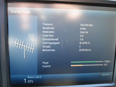 2017_06_02_PCH1_006.JPG
Sendeparameter für 8TV (ósemka), TP Emitel Mux-1, Szczecin, K41. Auch der kam diesen Morgen nicht störungsfrei an
Schlüsselwörter: TV DX Tropo Überreischweite DVB-T DTT digital terrestrisch MPEG4 Polen Polska 8TV Osemka TP Emitel Mux1 Szczecin K41