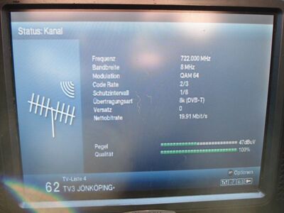 2017_06_03_PCH1_009.JPG
Und auch aus Finnveden kam DTT Nät 3 jönköping mit 100% Qualität an - leider sind sämtliche Px verschlüsselt
Schlüsselwörter: TV DX Tropo Überreichweite DVB-T DTT digital terrestrisch MPEG2 Schweden Sverige Nät3 Finnveden Jönköping K52 verschlüsselt encrypted Parameter