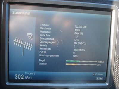 2017_09_05_PCH1_005.JPG
Sendeparameter für NRK1, Boxer Danmark Mux 5, SFN Viborg/Videbæk + 3 TVU, K52. NRK 1, SVT 1 sowie ZDF werden von Boxer Danmark als "Nabolandskanaler" (Nachbarlandskanäle) terrestrisch verschlüsselt ausgestrahlt
Schlüsselwörter: TV DX Tropo Überreichweite DVB-T2 DTT digital terrestrisch Dänemark Danmark NRK1 Boxer Mux5 Videbæk Viborg MPEG4 K52