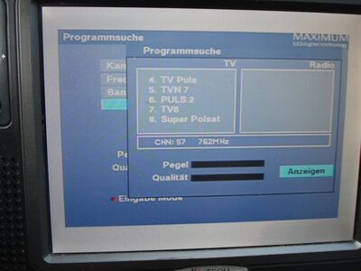 2017_10_18_PCH1_019.JPG
Noch ein Erstempfang: TP Emitel Mux-2, SFN Plock/Ciechanów, K57.
Schlüsselwörter: TV DX Tropo Überreichweite DVB-T DTT digital terrestrisch Polen Polska TP Emitel MUX2 Plock Ciechanow Suchlauf K57 Maximum T-1300