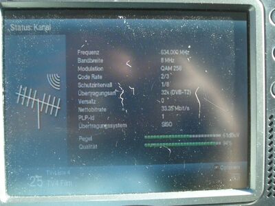 2018_05_09_PCH1_012.JPG
Noch ein "Schwede": Teracom Nät 5, SFN Skåne Län, K41 (Parameter). Dieses Bouquet wird in DVB-T2 ausgestrahlt
Schlüsselwörter: TV DX Tropo Überreichweite DVB-T2 DTT digital terrestrisch Schweden Sverige Teracom Boxer Nät5 Skåne MPEG4 verschlüsselt encrypted K41