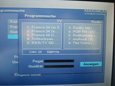 2018_05_15_PCH1_004.JPG
Auch der Maximum T-1300 erkennt ihn vollständig: "Mux KBH 1", SFN Lynetten / Borups Allé (KBH-City), K35v. 
Schlüsselwörter: TV DX Tropo Überreichweite DVB-T DTT digital terrestrisch Dänemark Danmark Mux KBH1 København K35v Lokalmux Kopenhagen Suchlauf