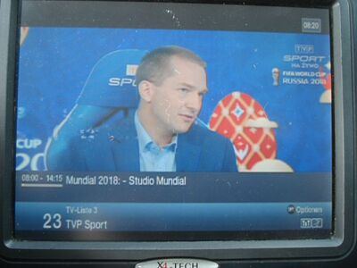 2018_07_05_PCH1_008.JPG
"TVP Sport" mit speziellem Logo für die Fußball-WM 2018, TP Emitel Mux-3 Szczecin, SFN Bialogard/Lobez/Koszalin, K60. Einblendung der basis-Infos durch den Rx.
Schlüsselwörter: TV DX Tropo Überreichweite DVB-T DTT digital terrestrisch Polen Polska TP EmiTel Mux3 Szczecin TVP Sport Logo Bialogard Koszalin Lobez K60