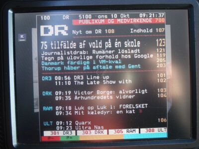 2018_10_10_PCH1_002.JPG
DR K mit Videotext des DR, DIGI TV 2, SFN Nakskov/Vordingborg, K34. Aufgrund notwendiger Sparmaßnahmen plant DR die Abschaffung des VT für 2019
Schlüsselwörter: TV DX Tropo Überreichweite DVB-T DTT digital terrestrisch Dänemark Danmark DIGI DR K Nakskov Vordingborg K34 teletext Videotext Tekst-TV