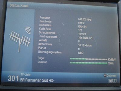 2018_10_19_PCH1_003.JPG
Sendeparameter für BR Fernsehen Süd, NDR Niedersachsen, Wolfsburg (Klieversberg), K42 vertikal
Schlüsselwörter: TV DX Tropo Überreichweite DVB-T2 HEVC DTT digital terrestrisch NDR Niedersachsen BR Parameter Klieversberg Wolfsburg K42