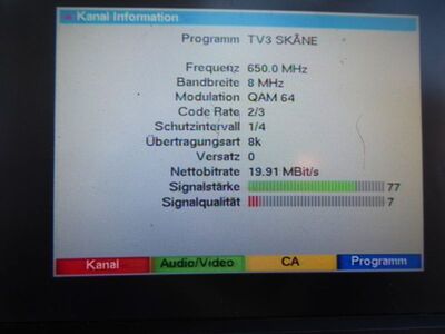 2019_02_15_PCH1_005.JPG
Teracom Nät 2 Skåne, SFN Skåne Län, K43
Sendeparameter für TV3 Skåne
Schlüsselwörter: TV DX Tropo Überreichweite DVB-T DTT digital terrestrisch Schweden Sverige Teracom Nät2 TV3 Skåne Län MPEG2 K43 Parameter