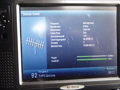 2019_03_23_PCH1_012.JPG
Sendeparameter TP Emitel Mux-3 Gorzów, SFN Gorzów/Jemiolow/Zagan, K32
Schlüsselwörter: TV DX Tropo Überreichweite DVB-T DTT digital terrestrisch Polen Polska EmiTel Mux3 Gorzow TVP TVP3 FTA MPEG4 K32 Parameter