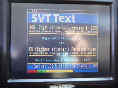 2019_06_25_PCH1_009.JPG
"Text-TV" (Videotext) SVT 1, Seite 100. Teracom Nät 1 Skåne, SFN Skåne Län (außer Raum Helsingborg), K33
Schlüsselwörter: TV Tropo Überreichweite DTT DVB-T MPEG Schweden Sverige Teracom Nät1 SVT SVT1 FTA Skåne Län K33 teletext Videotext Text-TV
