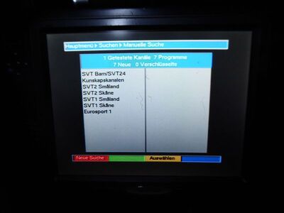 2020_01_02_PCH1_016.JPG
Teracom Nät 1 Småland/Skåne, Vislanda 1 (Nydala) (kein SFN), K37. Die ersten 3 Muxe Schwedens werden immer noch im alten DVB-T mit MPEG-2-Codec gesendet und könnendaher mit dem 16 Jahre alten alten Digipal 1 noch empfangen werden.
Schlüsselwörter: TV Tropo Überreichweite DTT DVB-T Schweden Sverige Teracom Nät1 Småland Skåne K37 Vislanda Nydala Suchlauf Digipal1