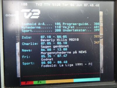 2020_06_04_PCH1_070.JPG
Gemeinsamer Teletext ("Tekst-TV") der TV2-Spartenprogramme. Das TV2-Hauptprogramm verfügt über einen eigenen VT (Boxer Danmark Mux 3, SFN Nakskov/Vordingborg, K38)
Schlüsselwörter: TV Tropo Überreichweite DTT DVB-T2 MPEG4 Dänemark Danmark Boxer Mux3 neu TV2 Spartenprogramme Nakskov Vordingborg K38 Videotext Teletext Tekst-TV