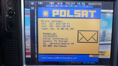 2020_06_18_PCH1_064.JPG
"Telegazeta" (Videotext) Polsat (Seite 101), TP Emitel Mux-2, Bialogard (Slawoborze), K35
Schlüsselwörter: TV Tropo Überreichweite DTT DVB-T MPEG4 Polen Polska TP Emitel Mux2 Bialogard Slawoborze K35 Polsat Teletext Telegazeta Videotext