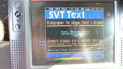 2020 08 08 PCH1 018
SVT-Videotext auf Kunskapskanalen, Teracom Nät 1 Skåne/Helsingborg, K41
Schlüsselwörter: TV Tropo Überreichweite DTT DVB-T MPEG2 Schweden Sverige Teracom Nät1 SVT Kunskapskanalen Skåne Län Helsingborg K41 FTA Teletext Videotext