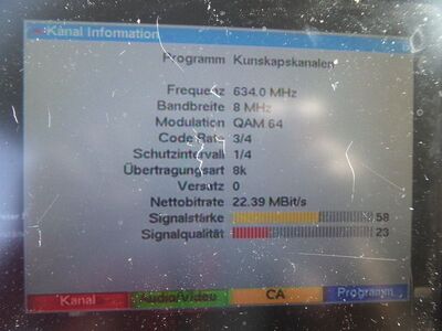 2020 08 08 PCH1 025
Sendeparameter SVT Kunskapskanalen, Teracom Nät 1 Skåne/Helsingborg, K41. Empfangen mit dem alten Digipal 1
Schlüsselwörter: TV Tropo Überreichweite DTT DVB-T MPEG2 Schweden Sverige Teracom Nät1 SVT Kunskapskanalen Skåne Län K41 Digipal1