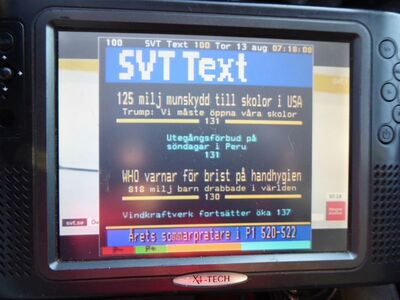 2020 08 13 PCH1 001
Teletext SVT1, Teracom Nät 1 Skåne/helsingborg, SFN Skåne Län, K41
Schlüsselwörter: TV Tropo Überreichweite DTT DVB-T MPEG2 Schweden Sverige Teracom Nät1 SVT SVT1 Skåne Län K41 Teletext Videotext