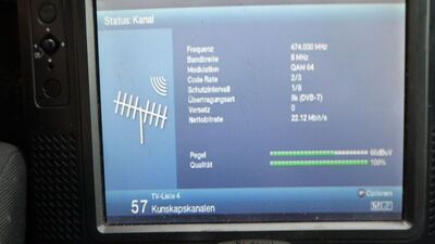 2020 09 08 PCH1 010
Sendeparameter und Empfang des Teracom Nät 1 Blekinge/Småland, SFN Emmaboda/Brömsebro, K21
Schlüsselwörter: TV Tropo Überreichweite DTT DVB-T MPEG2 Schweden Sverige SVT Kunskapskanalen Teracom Nät1 Blekinge Småland Emmaboda Brömsebro K21 FTA Parameter