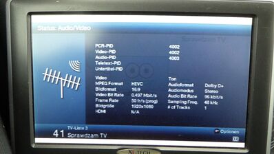 2022_01_16_PCH1_012.JPG
Sendeparameter für "Sprawodztwo TV", "TP Emitel Mux-3 Szczecin", Szczecin/Swinouscje/Miezdyzdroje, K48
Schlüsselwörter: TV DX Tropo Überreichweite digital DVB-T Polen PolskaTP EmiTel Mux3 Sprawodztwo HEVC Szczecin Kolowo K48 FTA Parameter