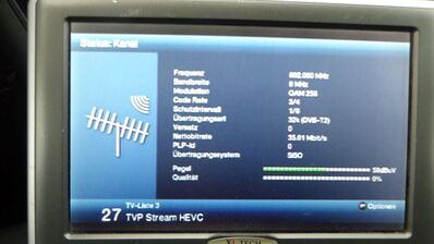 2022_01_19_PCH1_010.JPG
Grundparameter für "TVP DVB-T2 Test Mux-5", SFN Szczecin/Lobez/Bialogard, K37
Schlüsselwörter: TV DX Tropo Überreichweite digital DVB-T HEVC Polen Polska TVP Stream neu Test Mux-5 Szczecin Lobez Bialogard K37 FTA Parameter