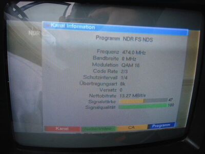 2013_10_08_PCH2_002.JPG
NDR FS Niedersachsen, NDR Niedersachsen, Göttingen, K21
Schlüsselwörter: TV DX Tropo Überreichweite DVB-T DTT NDR Niedersachsen Göttingen K21