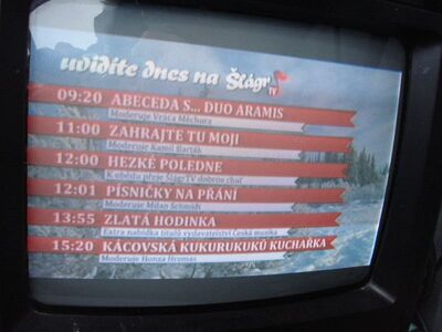 2015_02_12_PCH2_007.JPG
"Slagr TV" (Schlager und Volksmusik), DVB-T sit'3, SFN Usti n.L./Liberec, K55
Schlüsselwörter: TV DX Tropo Überreichweite DVB-T DTT digital UHF Tschechien Ceska Republika Slagr Ustí nad Labem Liberec K55