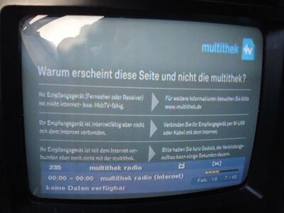 2015_02_19_PCH2_003.JPG
"Multithek Radio" in der Multithek, MABB Mux 3, SFN Berlin, K39. Ohne Internetzugang zeigt hier selbst der "Maximum T-1300" nur diese Hinweistafel
Schlüsselwörter: TV DX Tropo Überreichweite DVB-T DTT digital UHF Multithek radio MABB Mux3 Berlin K39