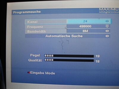 2015_12_29_PCH2_002.JPG
MDR-Boquet 1, SFN Halle/Keipzig, K24 - Signalstärke reichte nicht zum Dekodieren
Schlüsselwörter: TV DX Tropo Überreichweite DVB-T DTT digital UHF MDR ARD Leipzig Halle K24