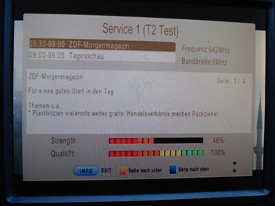 2016_04_01_PCH2_001.JPG
DVB-T2 Pilotprojekt berlin, SFN Berlin, K42. Endlich habe ich einen geeigneten Receiver, den "Telesystem 6800 HEVC". Jetz muss der neue erst einmal zeigen, was er kann...
Schlüsselwörter: TV DX Tropo Überreichweite DVB-T2 HEVC DTT digital UHF Pilotprojekt Berlin K42 neuer Receiver