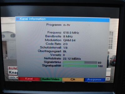 2016_05_23_PCH2_002.JPG
n-tv (Nachrichtenskanal), MABB Mux 3, SFN Berlin, K39
Schlüsselwörter: TV DX Tropo Überreichweite DVB-T DTT digital UHF n-tv MABB Mux3 Berlin K39 Parameter