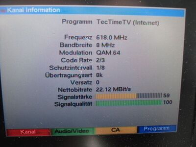 2016_05_31_PCH2_001.JPG
Ein Neuzugang in der DVB-T-Multithek: "TecTime TV" (hier via MABB Mux 3, SFN Berlin, K39. Für den Empfang ist ein internetfähiger DVB-T-Tuner notwendig
Schlüsselwörter: TV DX Tropo Überreichweite DVB-T DTT digital UHF TecTime Multithek Internet MABB Mux3 Berlin K39