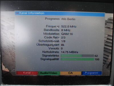 2016_05_31_PCH2_010.JPG
Sendeparameter für rbb Berlin, rbb Mux 1, SFN Berlin, K27. Ganz schön starkes Signal an diesem Morgen
Schlüsselwörter: TV DX Tropo Überreichweite DVB-T DTT digital UHF rbb Berlin K27 Parameter