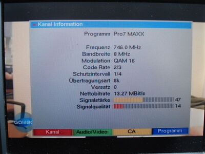 2016_06_10_PCH2_001.JPG
Pro 7 MAXX, P7S1 NRW, SFN Düsseldorf/Ruhrgebiet, K55. Einziges Pro7-Sat1-Bouquet, welches zusätzlich zu den 4 bundesweiten Programmen zusätzlich "Pro 7 MAXX" enthält. Die Sendeparameter wurden entsprechend angepasst 
Schlüsselwörter: TV DX Tropo Überreichweite DVB-T DTT digital UHF Pro7Sat1 P7S1 NRW K55 Pro7MAXX Sendeparameter