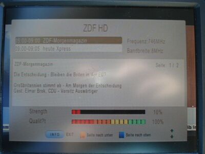 2016_06_24_PCH2_002.JPG
freenet DVB-T2 Pilotmux, SFN Schwerin/Rostock, K55. Trotz geringer Signalstärke immerhin 100% Qualität?
Schlüsselwörter: TV DX Tropo Überreichweite DVB-T2 DTT digital UHF Pilotmux Schwerin K55