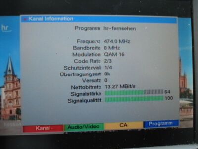 2016_08_13_PCH2_001.JPG
Sendeparameter für hr fernsehen, NDR Niedersachsen, Göttingen 1 (Hackeberg), K21
Schlüsselwörter: TV DX Tropo Überreichweite DVB-T DTT digital UHF MPEG-2 hr Fernsehen NDR Niedersachsen Göttingen Hackeberg K21 parameter