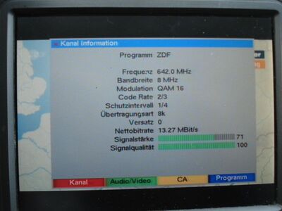 2016_08_13_PCH2_002.JPG
Sendeparameter ZDF, ZDF.mobil, SFN Göttingen/Kassel, K42
Schlüsselwörter: TV DX Tropo Überreichweite DVB-T DTT digital UHF MPEG-2 ZDF mobil Kassel Göttingen K56