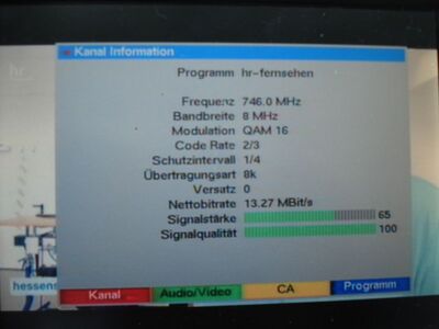 2016_08_13_PCH2_003.JPG
hr Fernsehen, hr Boquet 2 Nordhessen, SFN Nordhessen (Raum Kassel), K55
Schlüsselwörter: TV DX Tropo Überreichweite DVB-T DTT digital UHF MPEG-2 HR Nordhessen K55