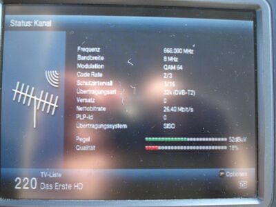 2016_08_24_PCH2_002.JPG
Sendeparameter freenet DVB-T2 Pilotmux, Magdeburg (Nonnenwerder), K45 (Rx: Technisat Digipal T2 HD)
Schlüsselwörter: TV DX Tropo Überreichweite DVB-T2 DTT digital UHF freenet Pilotmux Magdeburg K45 Parameter