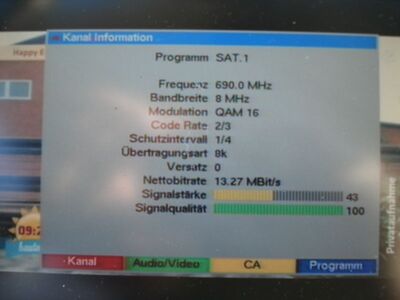 2016_08_24_PCH2_003.JPG
Sat.1, P7S1, SFN München (Olympiaturm, Wendelstein), K48v. Das einzige P7S1-Allotment auf K48 überhaupt
Schlüsselwörter: TV DX Tropo Überreichweite DVB-T DTT digital UHF MPEG-2 SAT1 P7S1 Pro7Sat1 München Wendelstein Olympiaturm K48