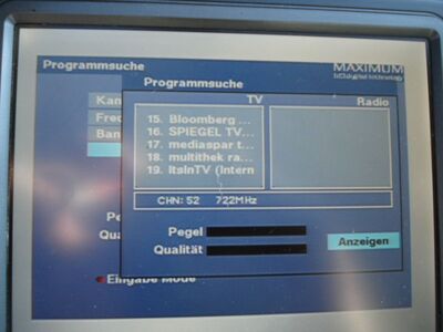 2016_08_24_PCH2_006.JPG
LM Gemischtes Boquet München, eingelesen mit dem Maximum T-1300. Der findet neben der Multithek ebenfalls nur 2 TV-Px
Schlüsselwörter: TV DX Tropo Überreichweite DVB-T DTT digital UHF MPEG-2 BLM gemischtes Boquet Wendelstein Olympiaturm K52 Suchlauf