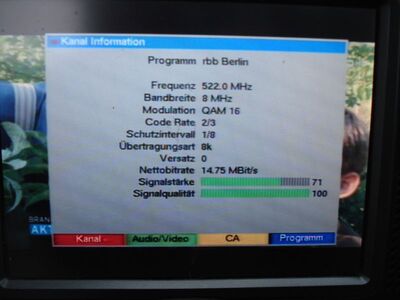 2016_09_28_PCH2_001.JPG
rbb Berlin, rbb Mux 1, SFN Berlin, K27. Selten empfangbar in dieser Qualität aufgrund des QRM ZDF.mobil, SFN NDS-Nordost, K27
Schlüsselwörter: TV DX Tropo Überreichweite DVB-T DTT digital UHF MPEG-2 rbb Berlin Mux1 K27 QRM Parameter