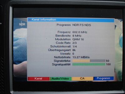 2016_11_25_PCH2_005.JPG
NDR Fernsehen Niedersachsen, NDR Niedersachsen, SFN Lingen/Osnabrück, K37
Schlüsselwörter: TV DX Tropo Überreichweite DVB-T DTT digital UHF MPEG-2 NDR Niedersachsen Lingen Osnabrück K37