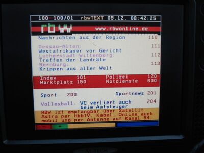 2016_12_05_PCH2_005.JPG
Videotext RBW, Regional Dessau-Bitterfeld, Bitterfeld, K54v
Schlüsselwörter: TV DX Tropo Überreichweite DVB-T DTT digital UHF MPEG-2 RBW Dessau Bitterfeld K54 Videotext Teletext TTX