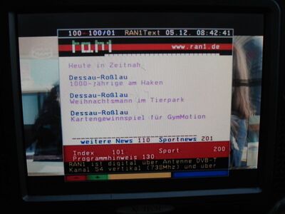 2016_12_05_PCH2_006.JPG
Videotext RAN1, Regional Dessau-Bitterfeld, Bitterfeld, K54v. Sieht dem Text von RBW sehr ähnlich...
Schlüsselwörter: TV DX Tropo Überreichweite DVB-T DTT digital UHF MPEG-2 RAN1 Dessau Bitterfeld K54 Videotext Teletext TTX