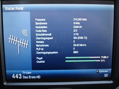 2016_12_05_PCH2_008.JPG
Sendeparameter für Das Erste HD, DVB-T2 Freenet Pilotmux, Leipzig (Messegelände), K26v. Drückte zeitweilig den Ortssender Schwerin weg!
Schlüsselwörter: TV DX Tropo Überreichweite DVB-T2 DTT digital UHF HEVC Freenet Pilotmux Leipzig K26