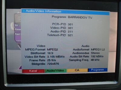 2016_12_05_PCH2_023.JPG
Sendeparameter und ID's "Barrandov TV", DVB-T sít 2, SFN Liberec/Frydlant, K52
Schlüsselwörter: TV DX Tropo Überreichweite DVB-T DTT digital UHF MPEG-2 Tschechische Republik Ceska CR Barrandov sit2 Liberec Frydlant K52 Parameter