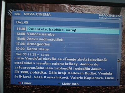 2016_12_05_PCH2_041.JPG
EPG des NOVA Cinema, DVB-T sít 2, SFN Liberec/Frydlant, K52. Der maximum T-1300 kennt die tschechischen und polnischen Sonderzeichen nicht
Schlüsselwörter: TV DX Tropo Überreichweite DVB-T DTT digital UHF MPEG-2 Tschechische Republik Ceska CR NOVA Cinema sit2 Liberec Frydlant K52 EPG Zeichensatz