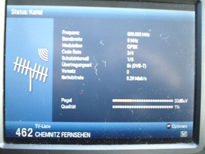 2016_12_05_PCH2_043.JPG
... Tatsächlich! Sendeparameter für Chemnitz Fernsehen, Chemnitz (Stelzendorf), K48v
Schlüsselwörter: TV DX Tropo Überreichweite DVB-T DTT digital UHF QPSK MPEG-2 Chemnitz Fernsehen K48v Suchlauf